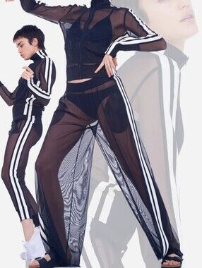 Norma Kamali Black Mesh Joggers with White Side Stripes Sz XL/38